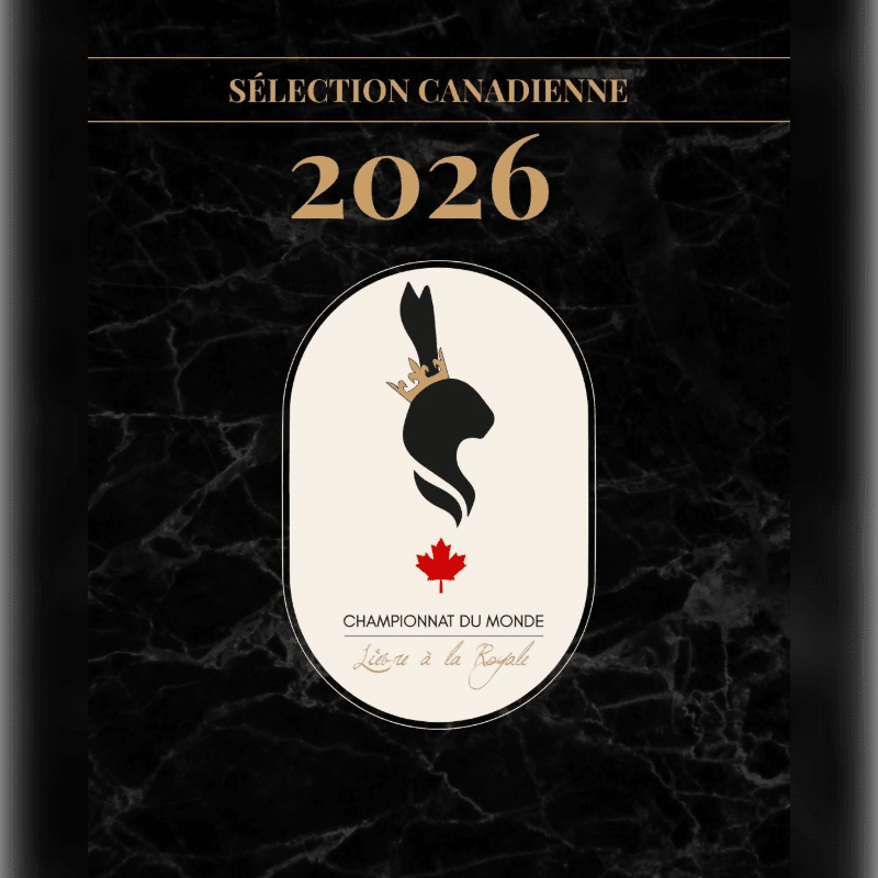 A black marble background frames a central oval logo featuring a stylized rabbit wearing a crown and a Canadian maple leaf, with "SÉLECTION CANADIENNE 2026" and "CHAMPIONNAT DU MONDE" text above and below.