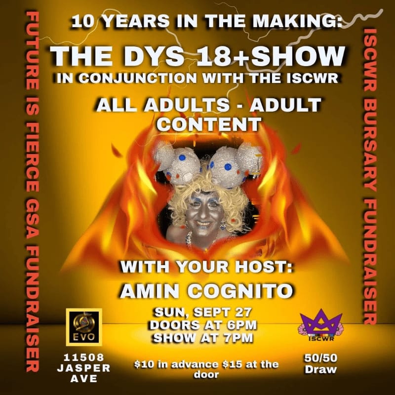 A fiery graphic advertises "The Dys 18+ Show" with host Amin Cognito, featuring a person with glittery makeup and fluffy ears in the foreground, set against a yellow and orange background with text detailing event information and fundraisers.