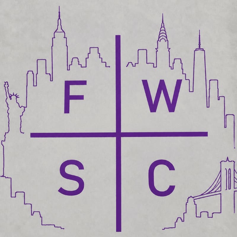 A purple grid with letters F, W, S, and C divides a silhouette of the New York City skyline.