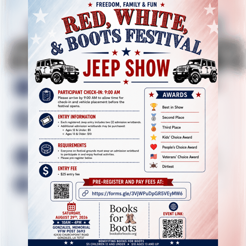 Two white Jeeps are displayed in the foreground against a red, white, and blue speckled background advertising the "Red, White, & Boots Festival Jeep Show."