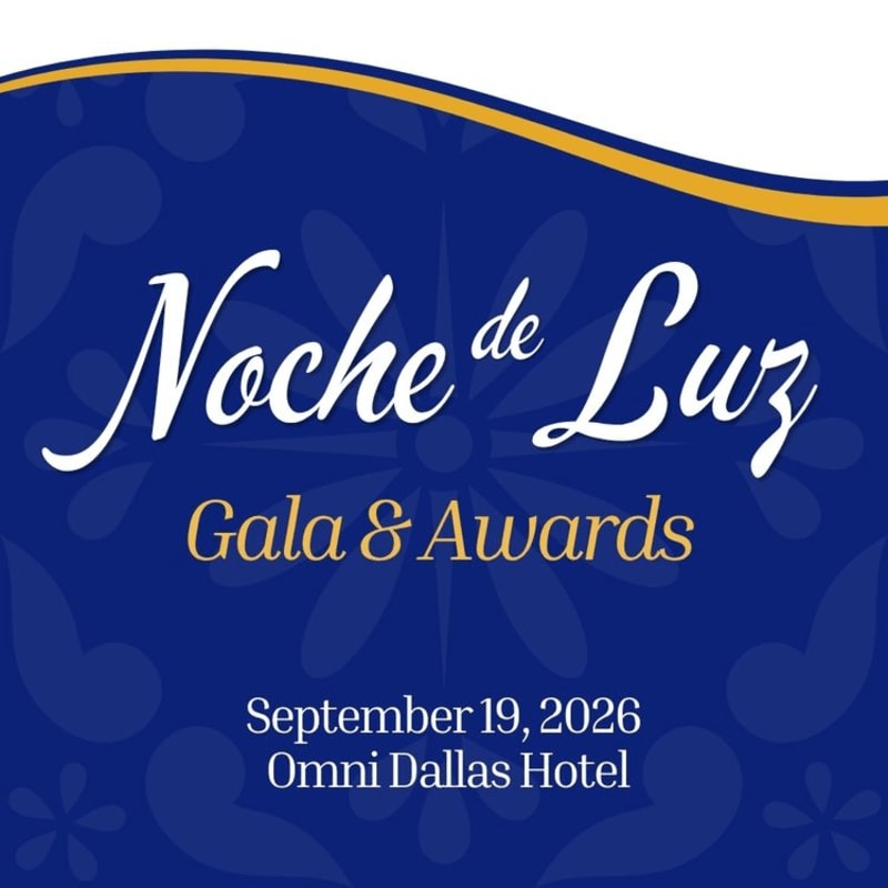 White and gold text announcing "Noche de Luz Gala & Awards" on September 19, 2026, at the Omni Dallas Hotel is set against a dark blue background with a repeating floral pattern and a wavy yellow border at the top.