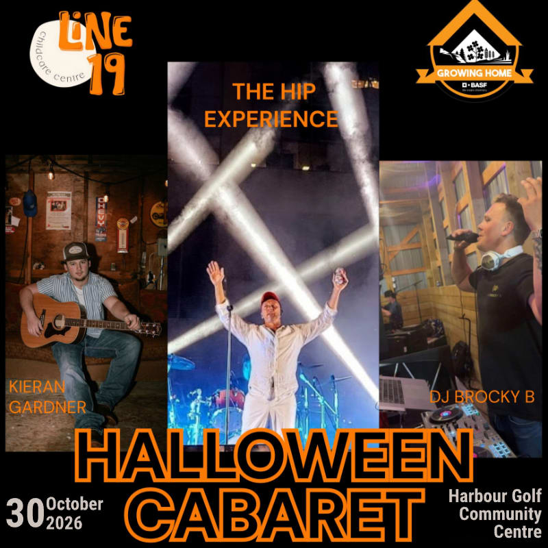 A collage of three performers on stage, with a guitarist on the left, a singer in the center, and a DJ on the right, all under bright stage lights, with event details at the bottom.