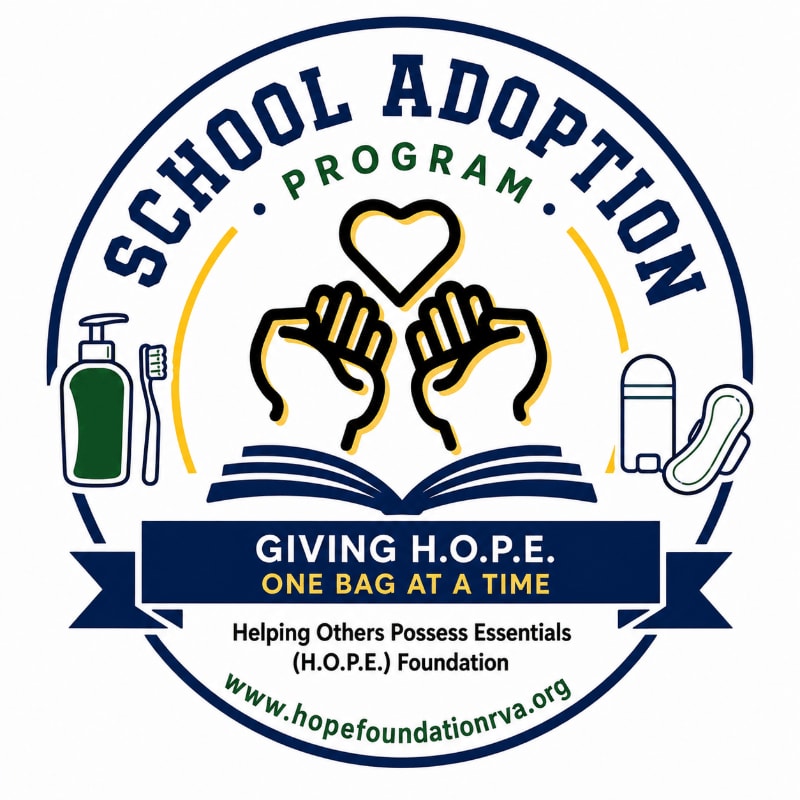 In the foreground, an open book displays the text "GIVING H.O.P.E. ONE BAG AT A TIME" and the "H.O.P.E. Foundation" logo, while the background features a circular emblem for the "SCHOOL ADOPTION PROGRAM" with icons of hygiene products and hands holding a heart.