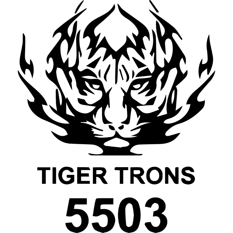 A stylized black tiger face with flames erupting from its head is centered above the text "TIGER TRONS" and the number "5503" on a white background.