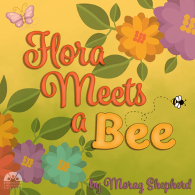 A whimsical illustration features the title "Flora Meets a Bee" in the foreground, surrounded by colorful flowers and a butterfly, against a soft yellow and green gradient background with a bee in flight.