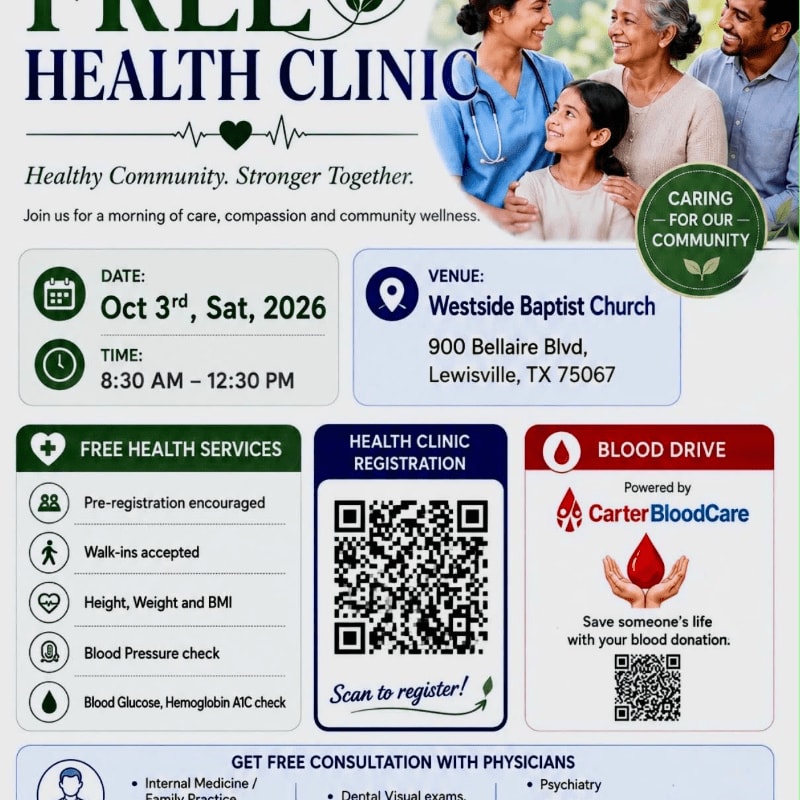 A flyer for a free health clinic and blood drive is displayed, featuring smiling people in the background and event details in the foreground.