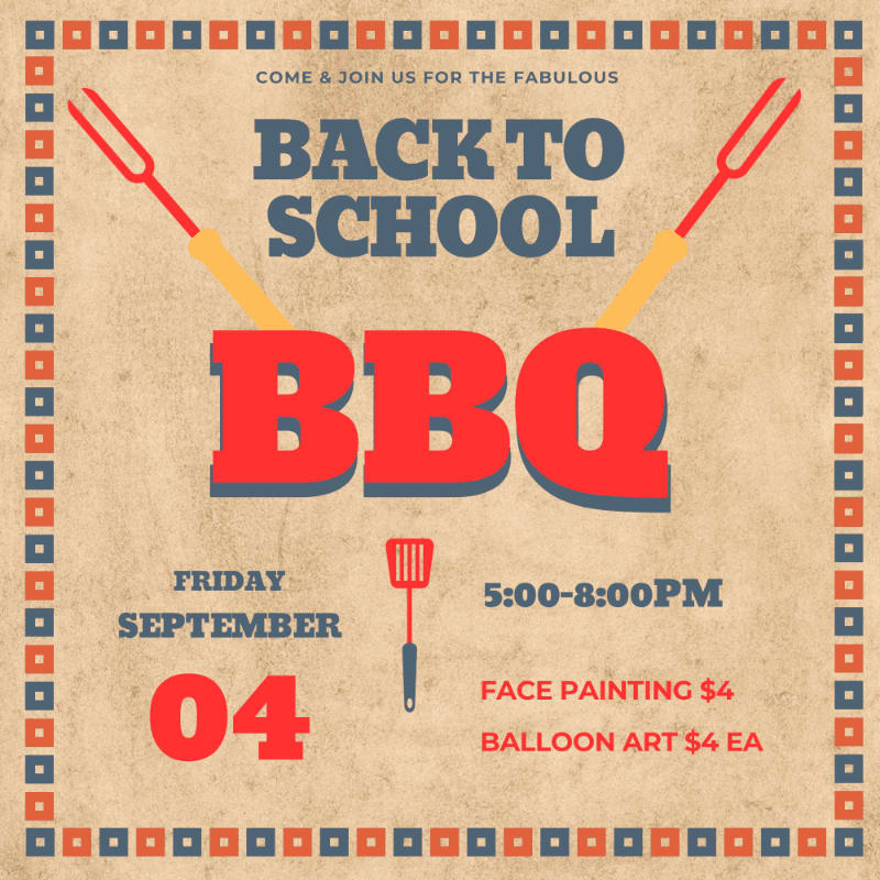 A vintage-style invitation for a "Back to School BBQ" features grilling utensils in the foreground and a decorative border on a textured background.