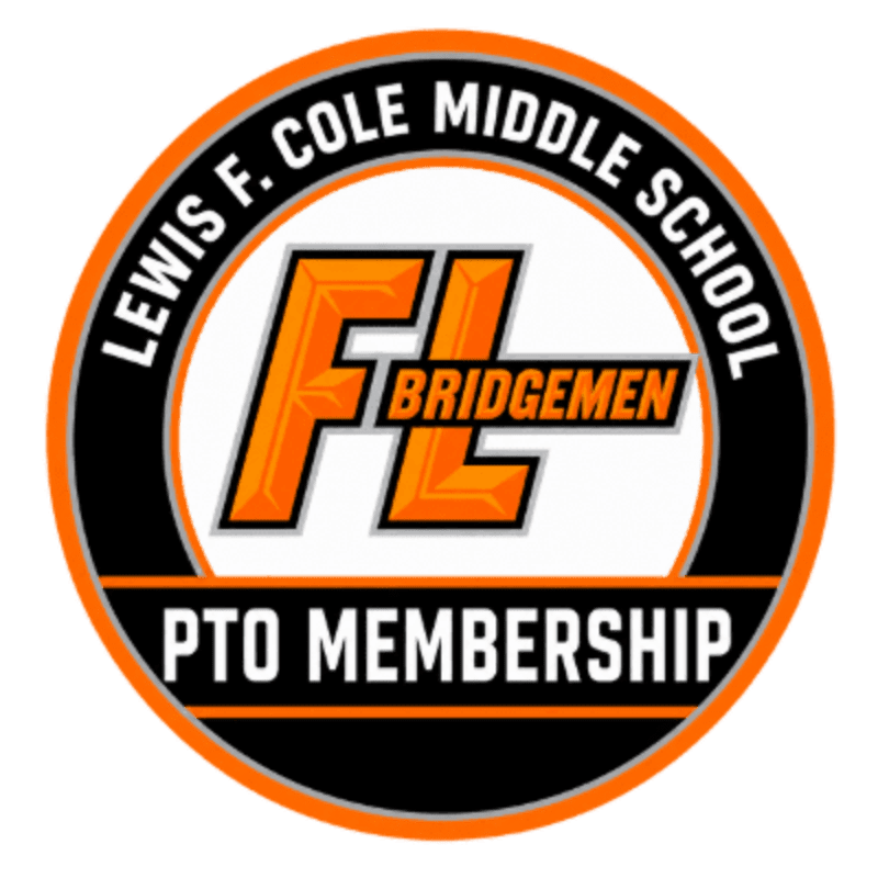 A circular logo with "LEWIS F. COLE MIDDLE SCHOOL" and "BRIDGEMEN" in orange and black, with "PTO MEMBERSHIP" below, is set against a white background.