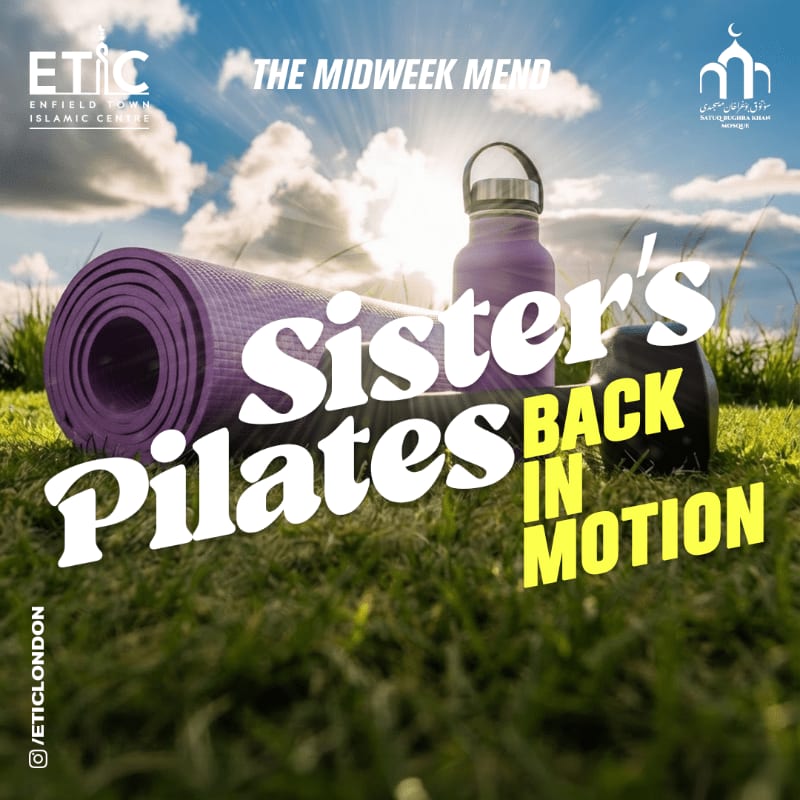 A purple yoga mat and water bottle rest on green grass in the foreground, with a bright sun shining through clouds in the background.