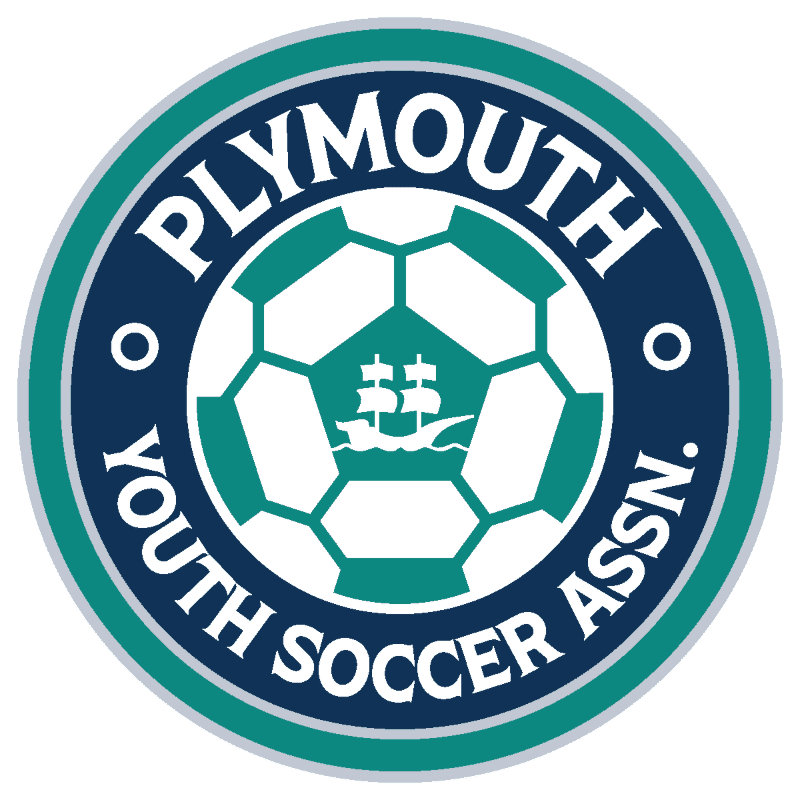 A circular logo with a soccer ball design in the foreground and the words "PLYMOUTH YOUTH SOCCER ASSN." in the background.