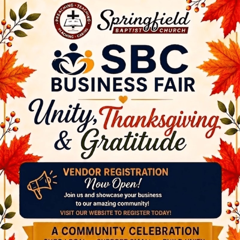Autumn leaves frame a flyer announcing the SBC Business Fair, with a call for vendor registration in the foreground.