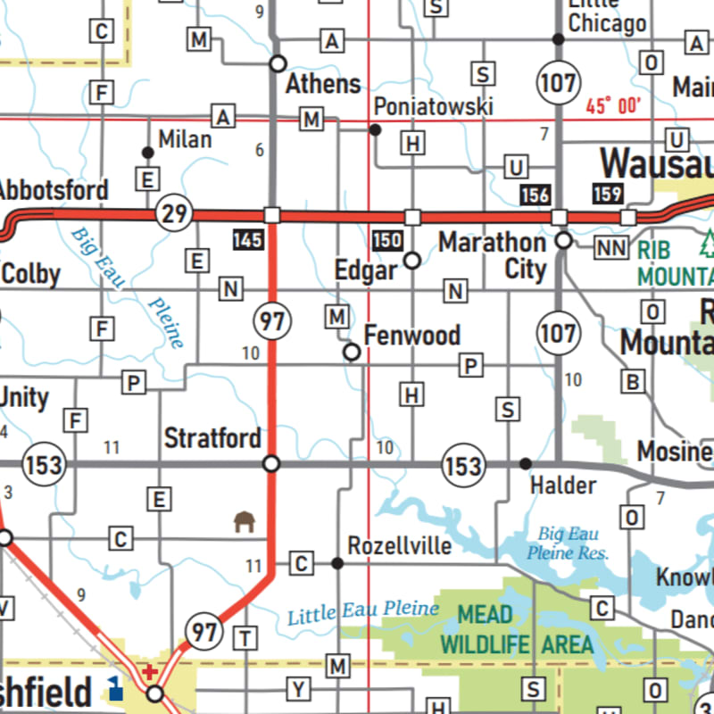 A map shows roads and towns like Wausau and Marathon City in the foreground, with a wildlife area and bodies of water in the background.