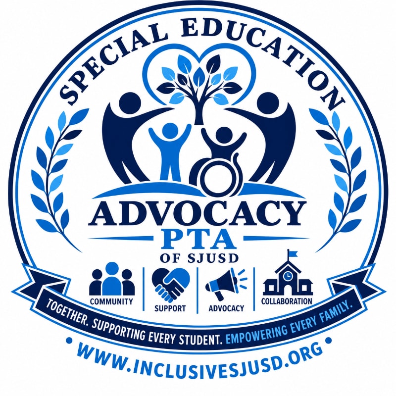 A blue and white circular logo for Special Education Advocacy PTA of SJUSD features a stylized tree with figures reaching towards it in the foreground, and laurel branches framing the text and icons of community, support, advocacy, and collaboration in the background.