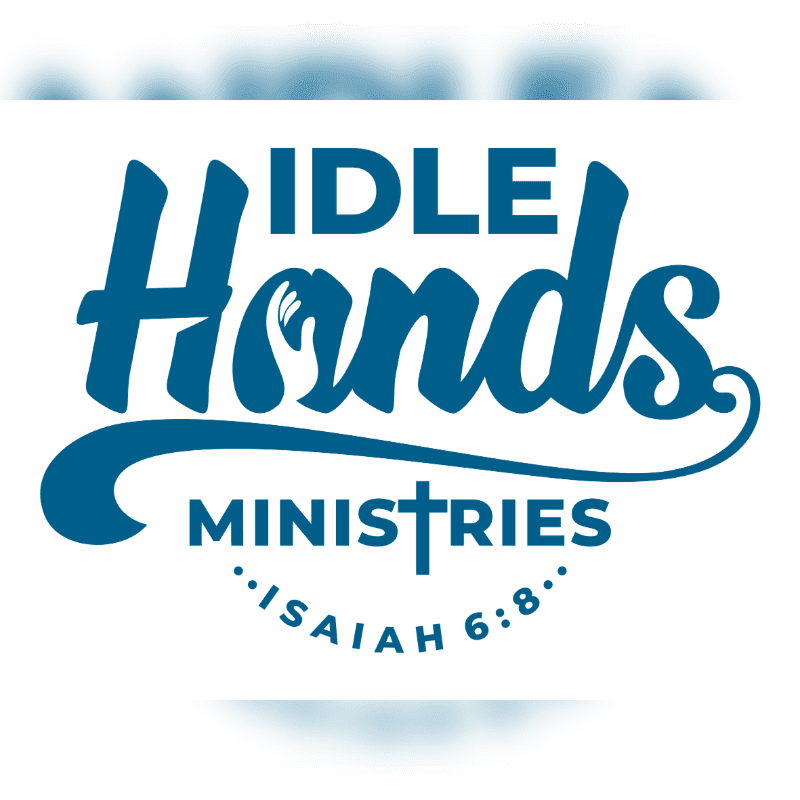 A blue logo with the words "IDLE Hands MINISTRIES" and "ISAIAH 6:8" is set against a blurred white background with subtle blue bokeh effects.