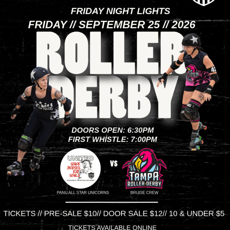 Two roller derby skaters are featured in the foreground against a black background with event details for "Friday Night Lights Roller Derby" on September 25, 2026.