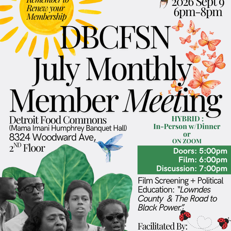 A flyer for a July monthly member meeting features a sun graphic and butterflies in the background, with a group of people and large green leaves in the foreground.