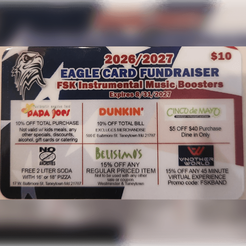 A fundraising card with various discounts from local businesses is displayed against a blurred background.