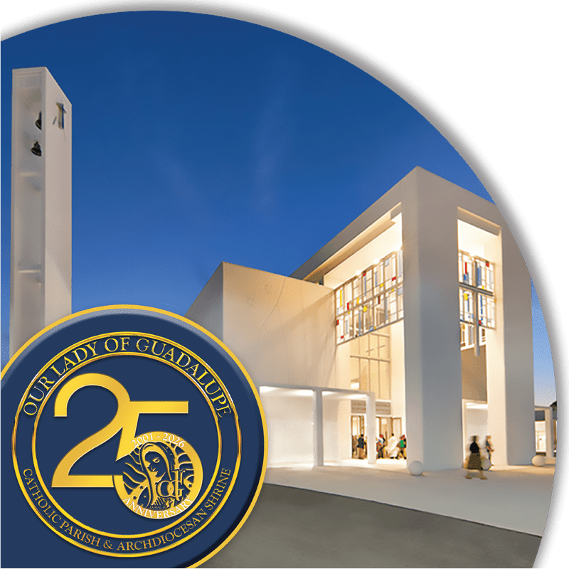 A modern white church with a tall bell tower stands against a clear blue sky, with a circular emblem featuring the number 25 in the foreground.