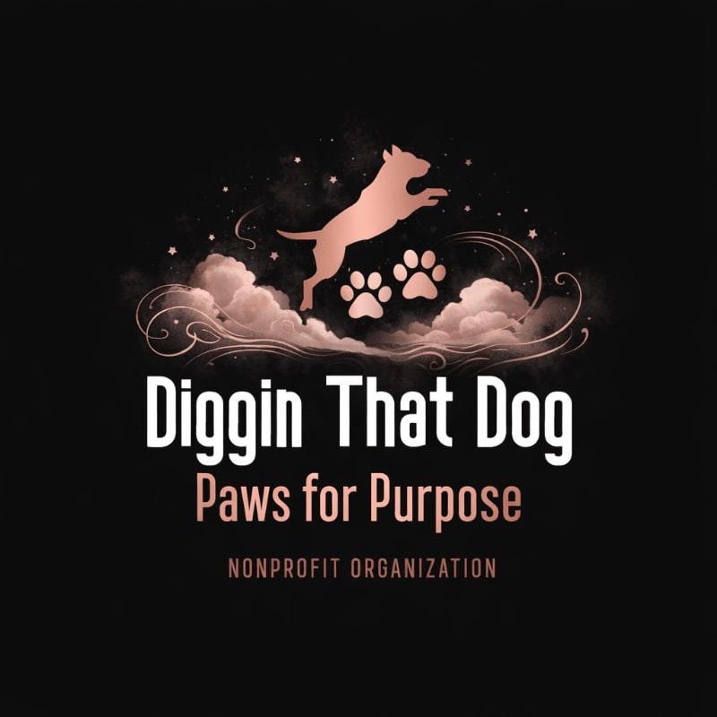 A leaping dog silhouette with paw prints and clouds in the foreground is set against a dark, starry background with the text "Diggin That Dog Paws for Purpose NONPROFIT ORGANIZATION."