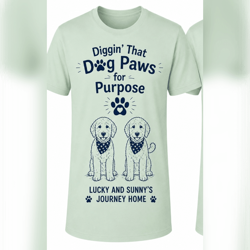 A light green t-shirt with a graphic of two dogs and text about "Diggin' That Dog Paws for Purpose" is displayed against a blurred light green background.
