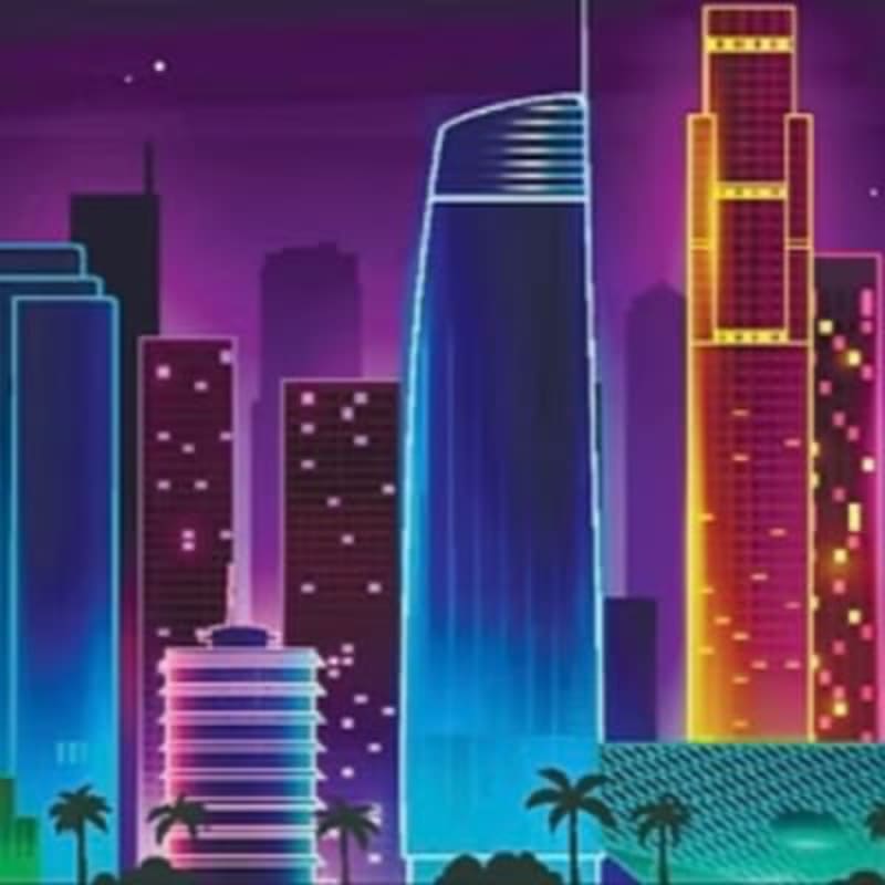Neon-lit skyscrapers dominate the foreground against a vibrant purple and pink night sky.