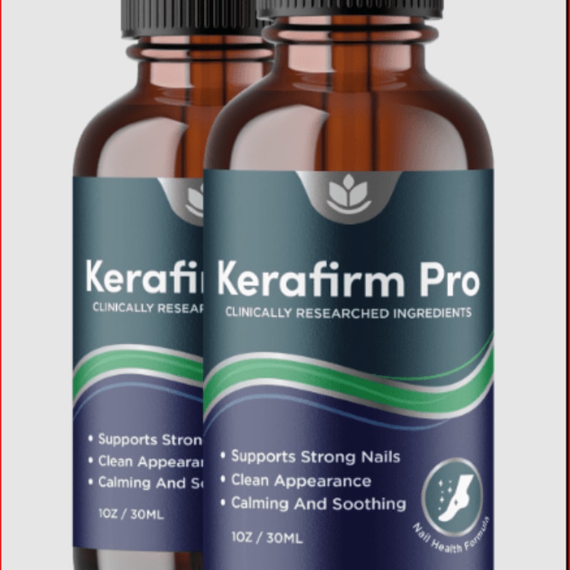 Two bottles of Kerafirm Pro with labels detailing its benefits are in the foreground, set against a plain gray background.