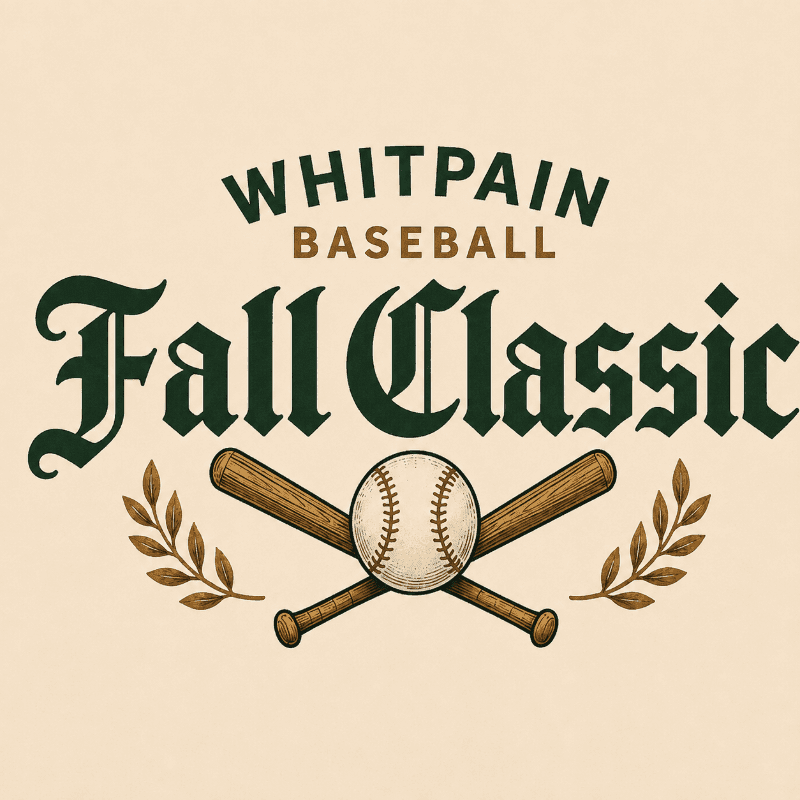 A baseball and crossed bats are in the foreground, with "Whitpain Baseball Fall Classic" text above them, all set against a plain, light-colored background.