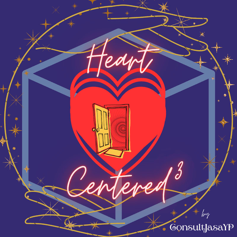 A glowing red heart with an open door is at the center, framed by a hexagonal prism and surrounded by golden stars and hands on a deep purple background.
