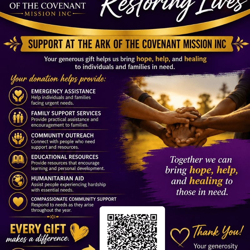 A dark purple flyer with gold accents lists ways donations help, while a background image shows hands clasped together in unity.