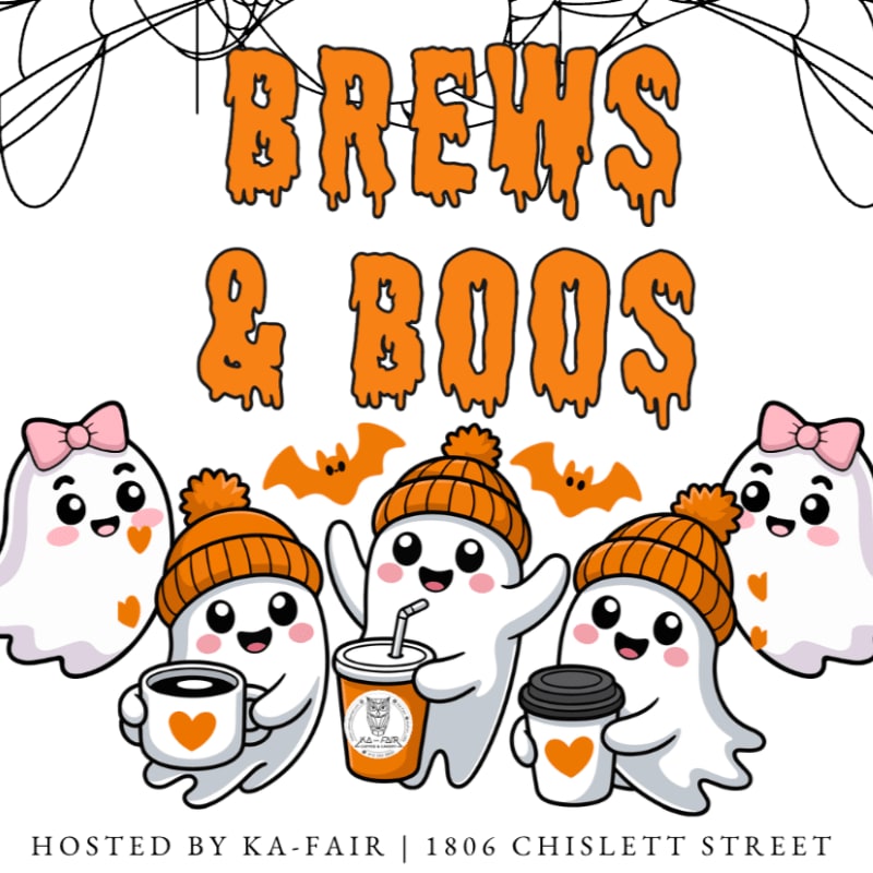 Cute cartoon ghosts in orange beanies hold coffee cups in the foreground, with "BREWS & BOOS" text and bats in the background.
