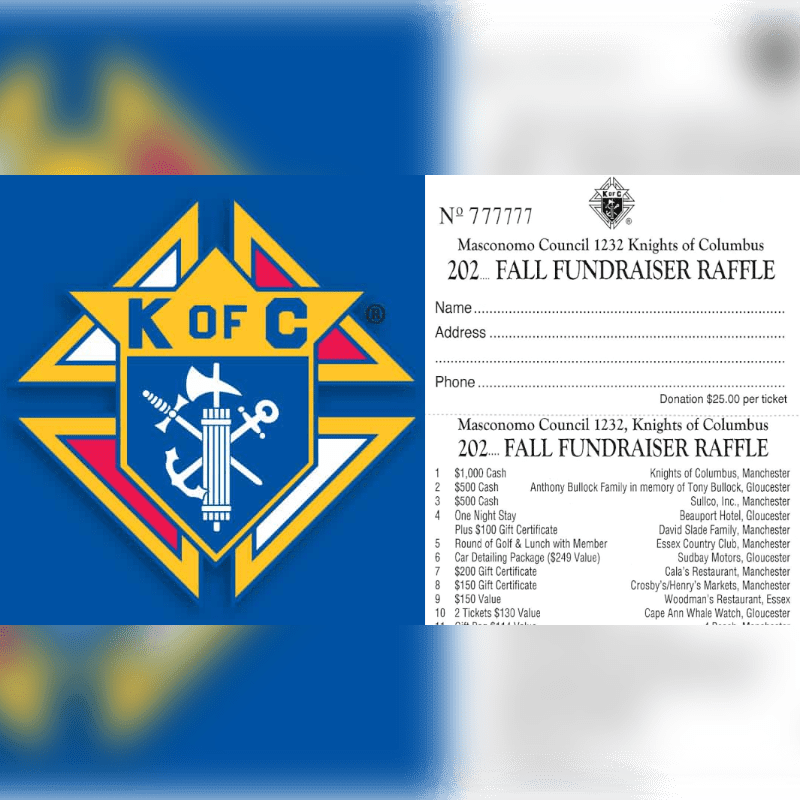 A Knights of Columbus logo is on the left, and a raffle ticket for a fall fundraiser is on the right.