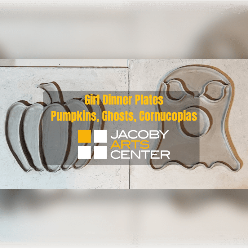 A carved pumpkin and a ghost are displayed on a white background, with text overlaying the image.