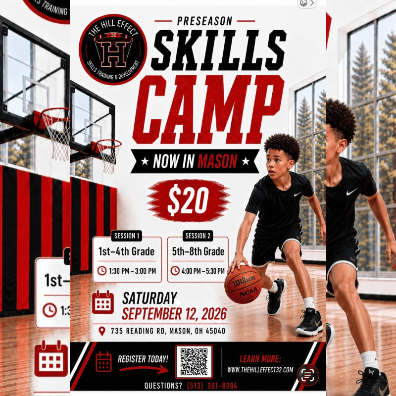Two young boys dribble basketballs in the foreground, with a promotional poster for a skills camp in the background.