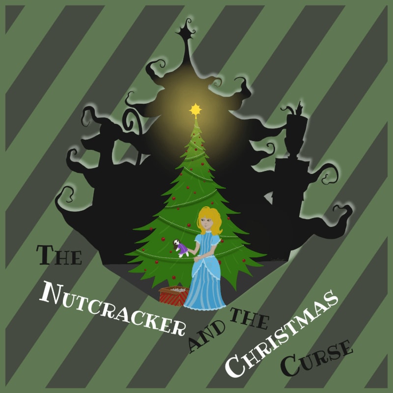 A young girl in a blue dress stands before a decorated Christmas tree in the foreground, while shadowy figures of a nutcracker and a Christmas tree frame the scene against a striped green background.