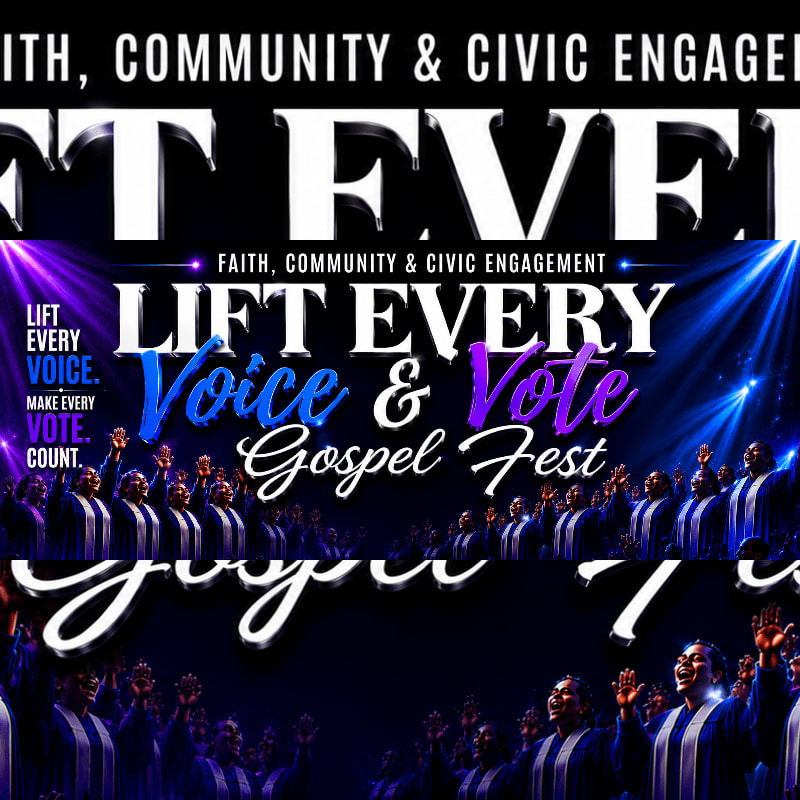 A choir in matching robes with hands raised in worship is illuminated by purple and blue stage lights, with the words "LIFT EVERY VOICE & VOTE Gospel Fest" prominently displayed above them.