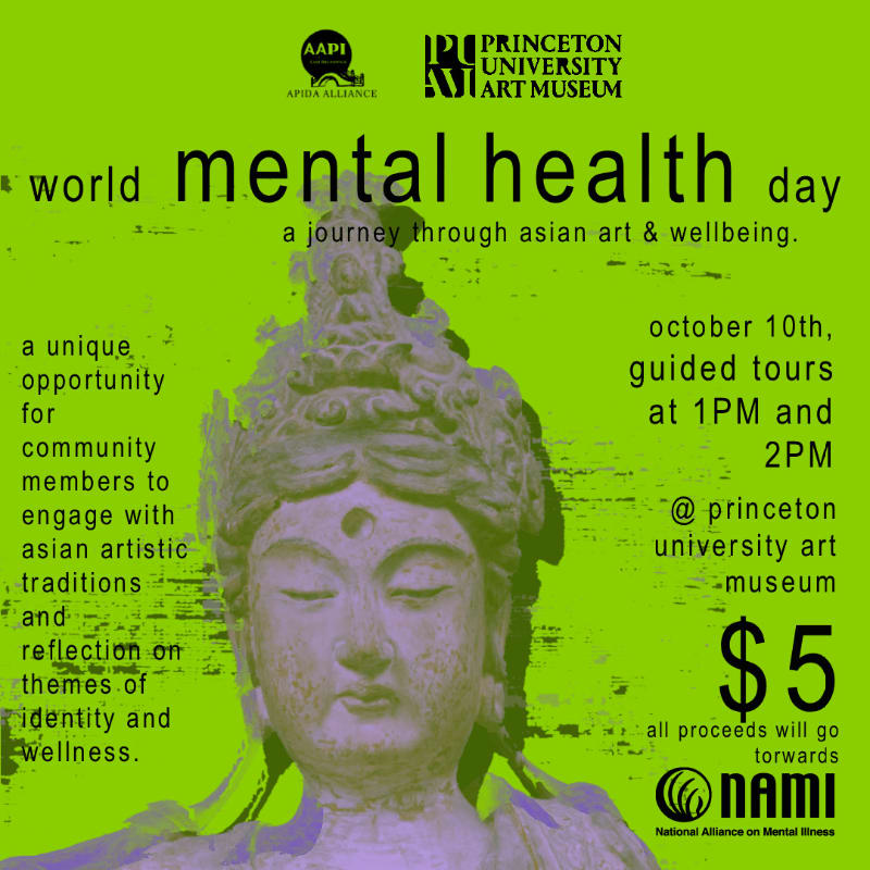 A stone statue of a serene face is in the foreground against a lime green background with text announcing a World Mental Health Day event at the Princeton University Art Museum.