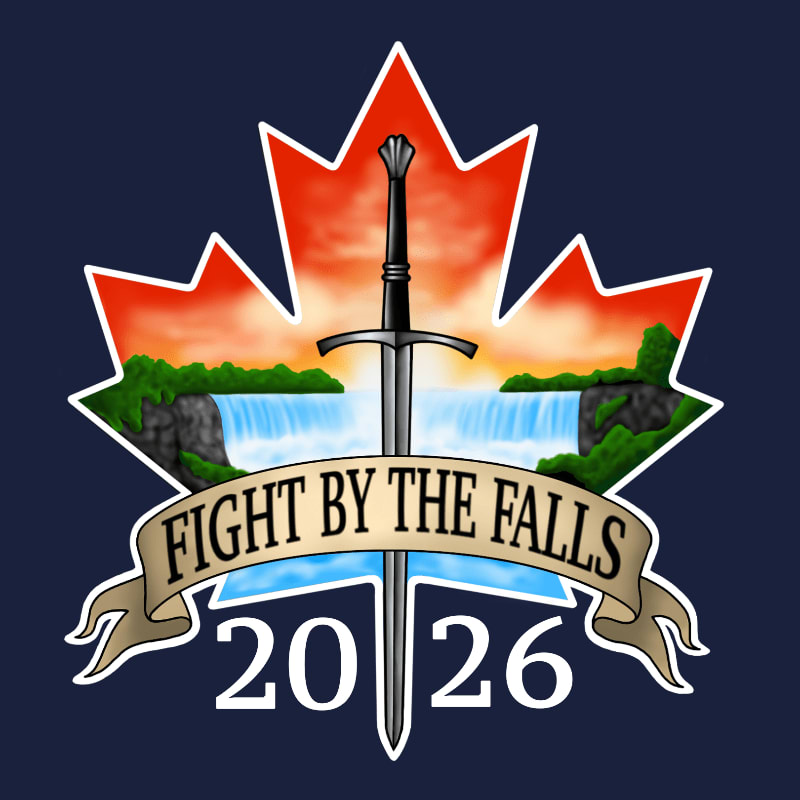 A medieval sword pierces a banner reading "FIGHT BY THE FALLS 2026" in front of a Canadian maple leaf framing a vibrant waterfall and sunset.
