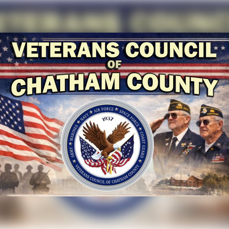 A large American flag and a seal with an eagle are in the foreground, with two saluting veterans and a building in the background, all under a banner that reads "VETERANS COUNCIL OF CHATHAM COUNTY."