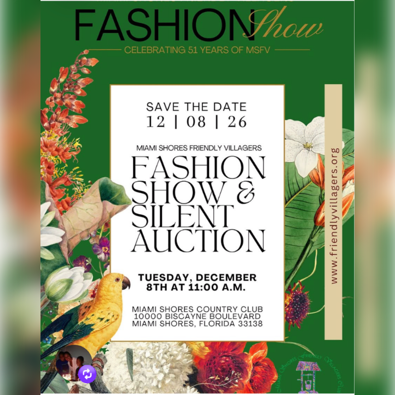 A vibrant green poster for a fashion show and silent auction, featuring a parrot in the foreground and floral accents framing the event details in the background.