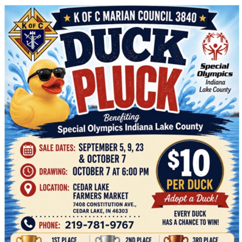 A yellow rubber duck wearing sunglasses floats in the foreground against a blue background with event details for a "Duck Pluck" benefiting Special Olympics Indiana Lake County.