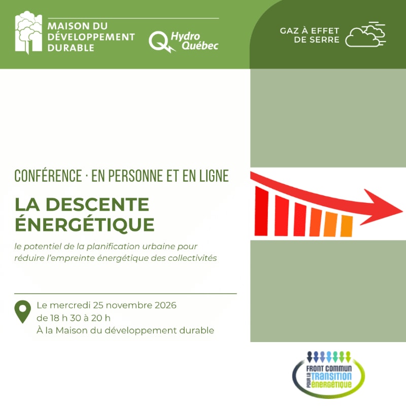 A conference poster announces "LA DESCENTE ÉNERGÉTIQUE" with event details on the left and a downward trending graph on the right, set against a green and white background.