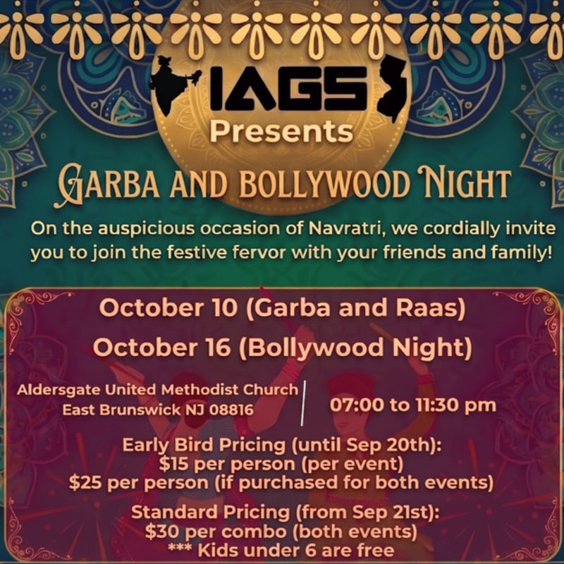A festive invitation for Garba and Bollywood Night is presented with event details in the foreground against a decorative, ornate background.
