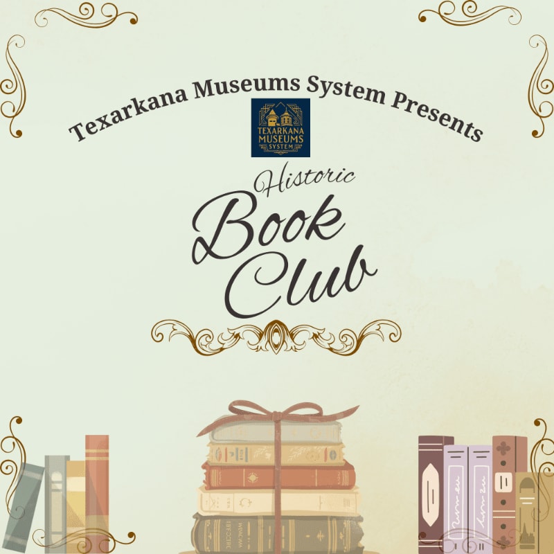 A stack of books tied with a ribbon sits in the foreground against a pale background featuring the title "Historic Book Club" and decorative scrollwork.