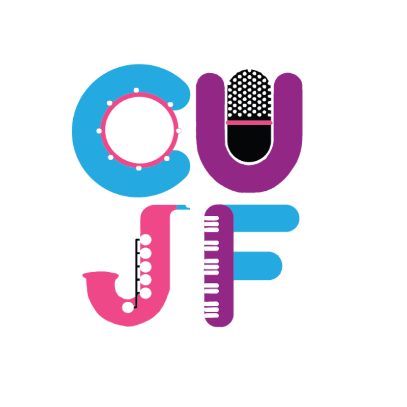 Colorful letters forming "CUJF" with musical instruments like a drum, microphone, saxophone, and piano keys are set against a white background.