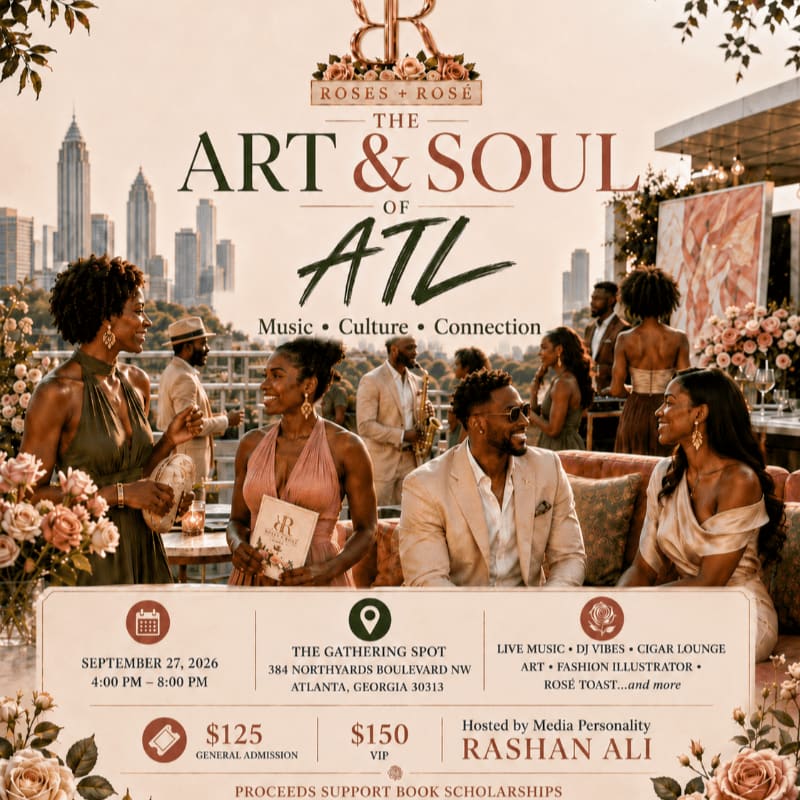 Elegant guests mingle at an outdoor event with a city skyline in the background, while floral arrangements and event details fill the foreground.