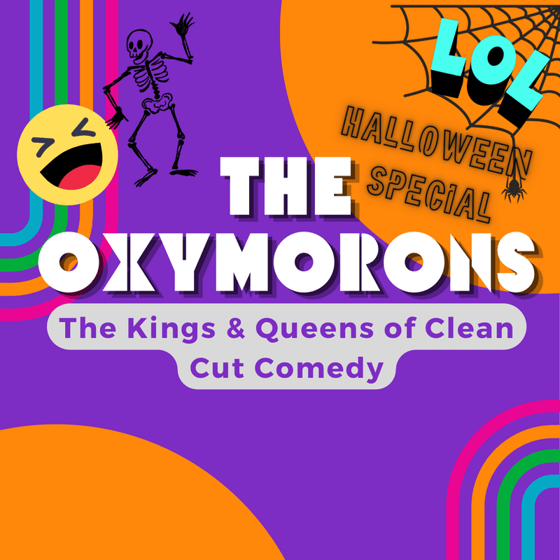A skeleton dances in the foreground with a laughing emoji, while the background features the text "THE OXYMORONS Halloween Special LOL" against a purple and orange backdrop with rainbow stripes.