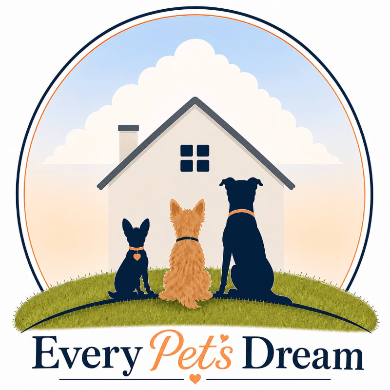 Three dogs sit on a grassy hill in the foreground, looking towards a house with a cloudy sky in the background.