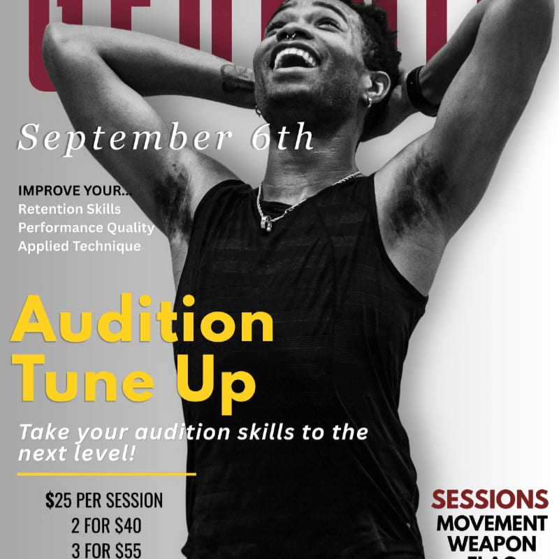 A man with his hands behind his head smiles broadly in the foreground, with text about an "Audition Tune Up" event on September 6th filling the background.