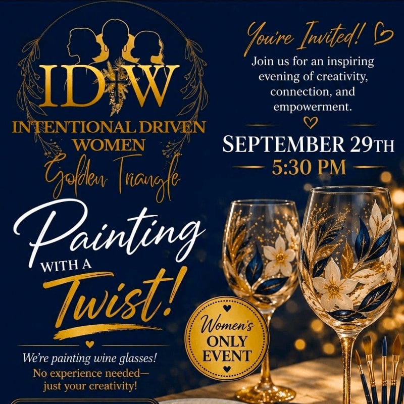 Two ornate wine glasses with floral designs are in the foreground against a dark blue background advertising an "Intentional Driven Women" painting event.