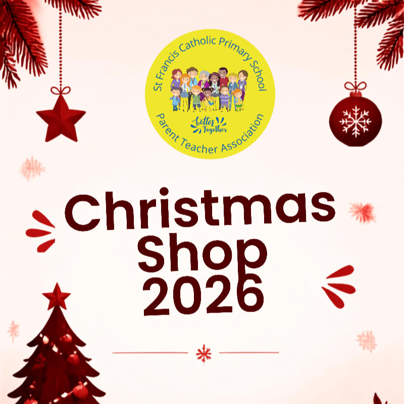 A Christmas tree with ornaments in the foreground is set against a pale background with a school logo and "Christmas Shop 2026" text.